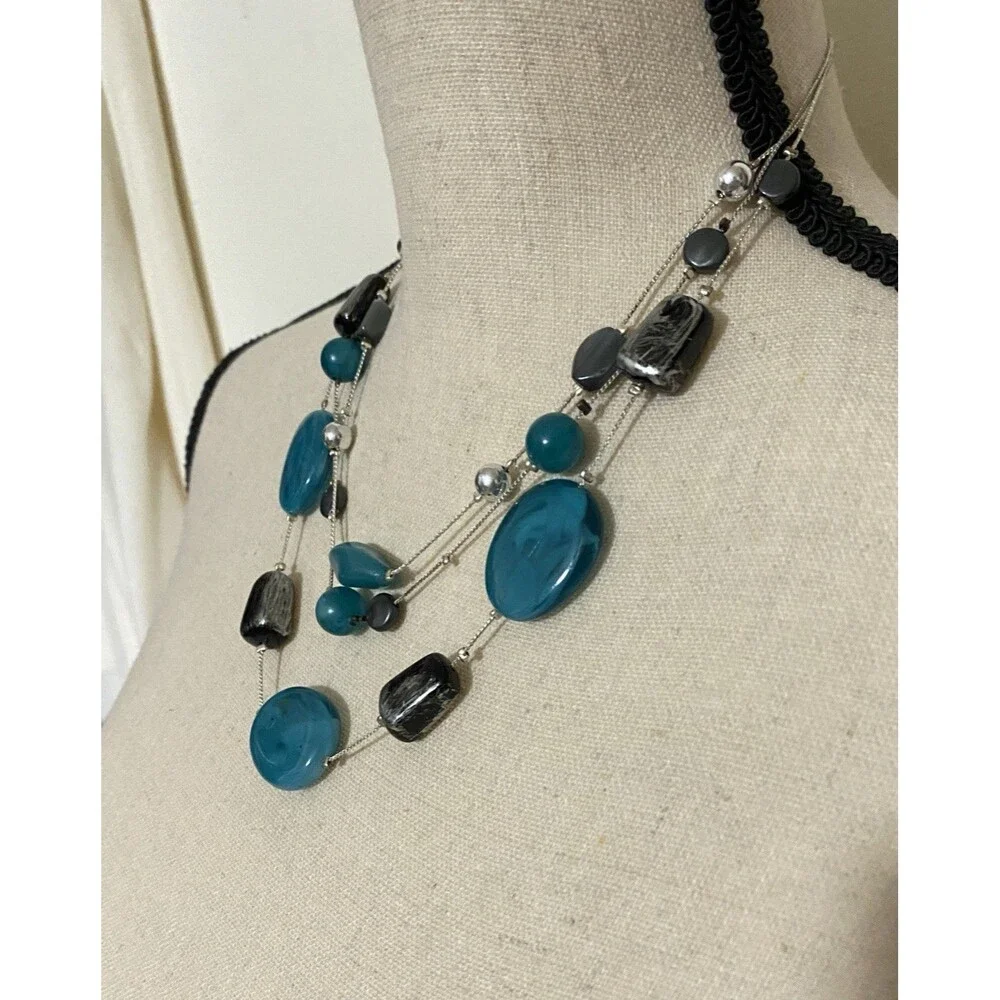 NY Chunky Teal Blue Beaded Statement Necklace Silver Tone Three Strand Fairy